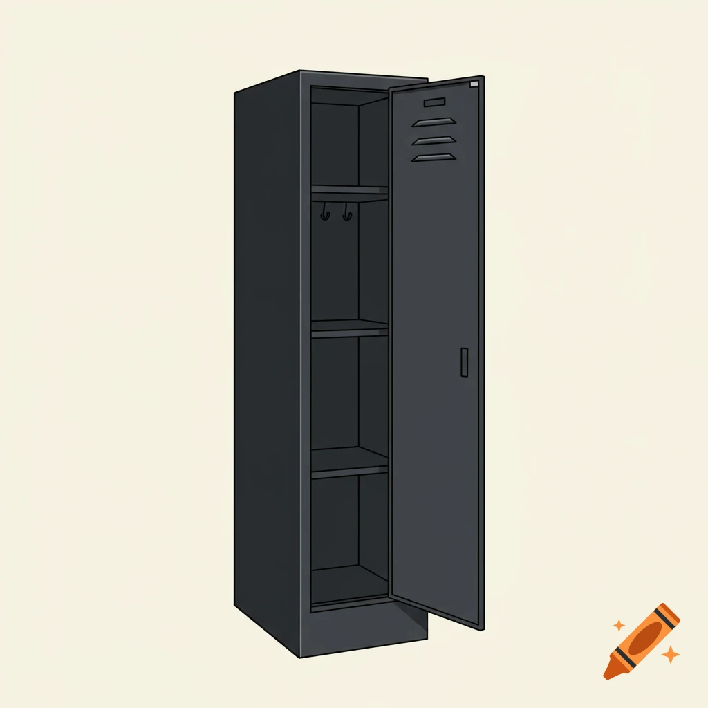 A dark gray open locker with shelves and hooks inside, depicted in a simple clipart style.