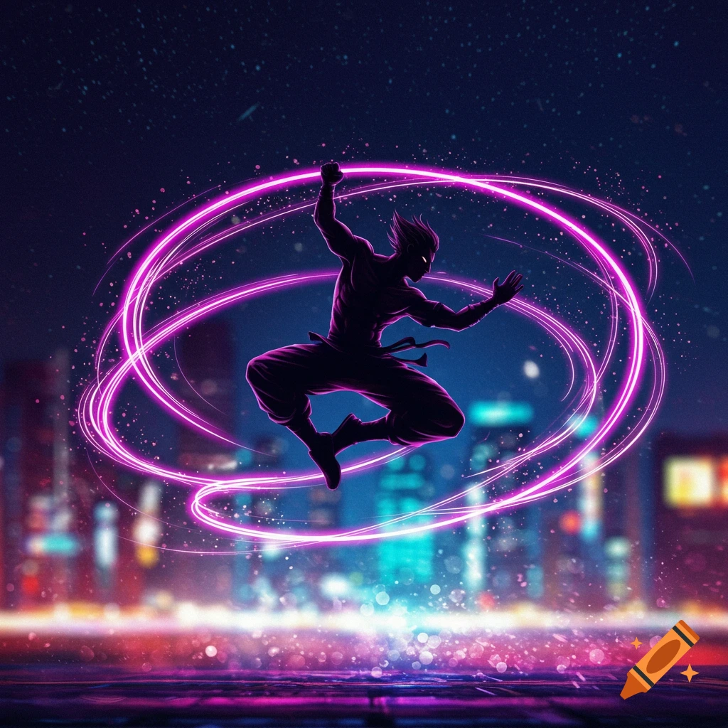 Stylized silhouette of a figure leaping with magenta light trails over a neon city at night.
