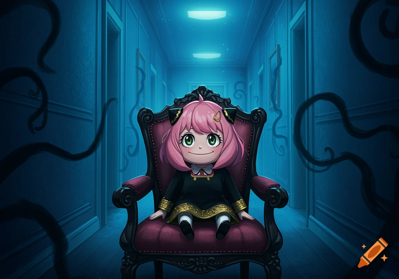 Anya from Spy x Family sits on a red armchair in a dark blue hallway with shadowy tendrils creeping from the walls. Anime style.