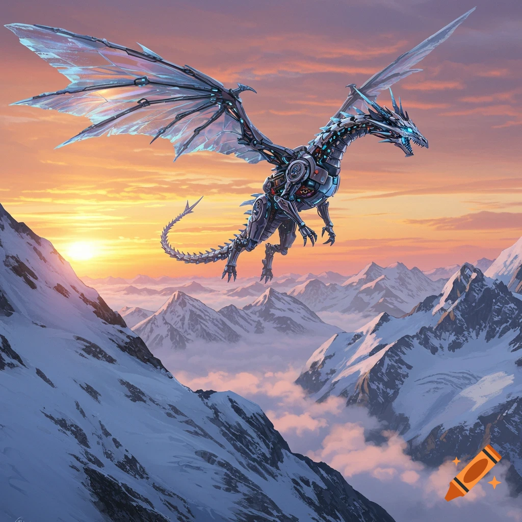 A detailed robotic dragon with glowing blue accents soars above a snow-capped mountain range and clouds at sunset.