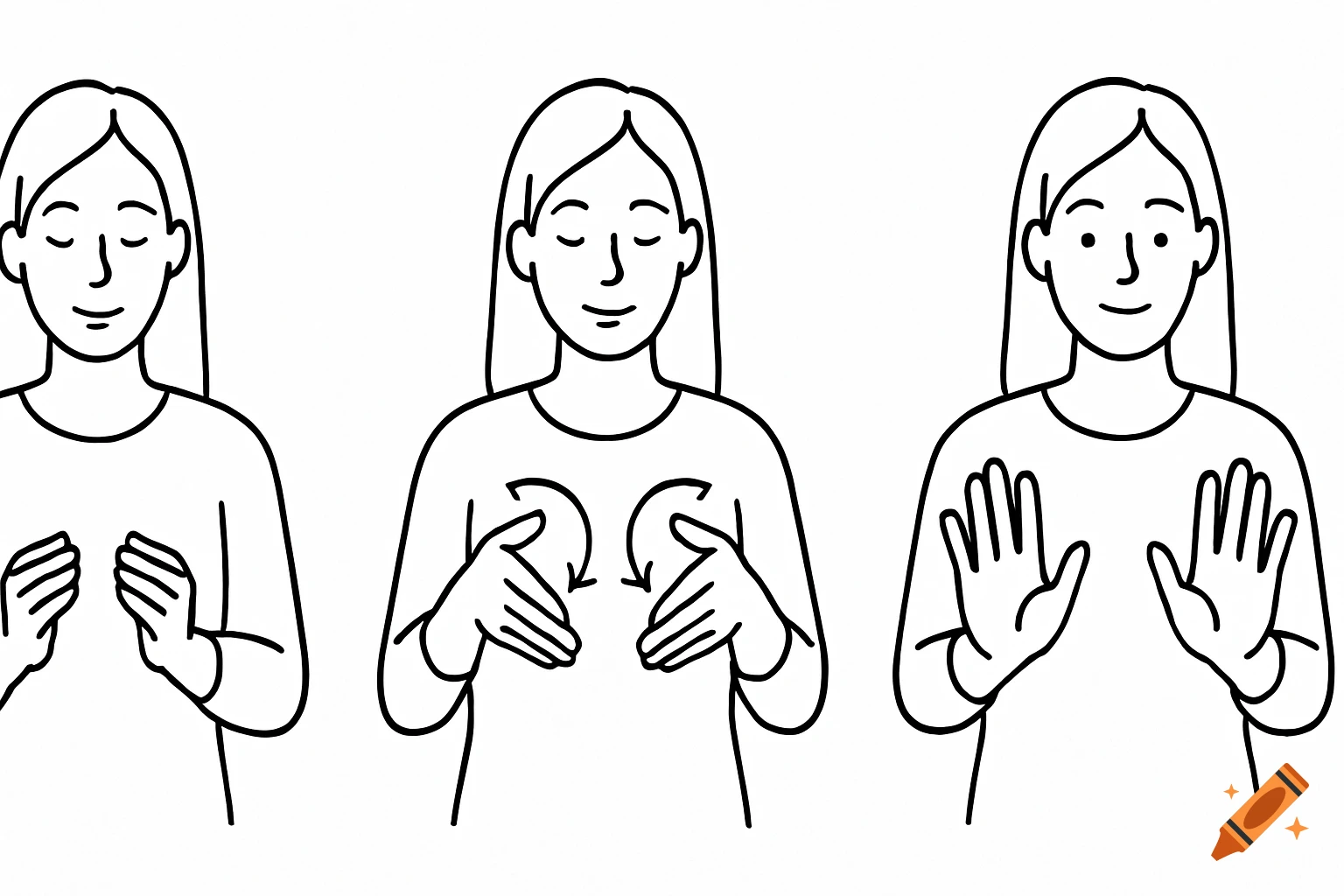 Black and white line art of a woman demonstrating the ASL sign for 'all done' in three panels.