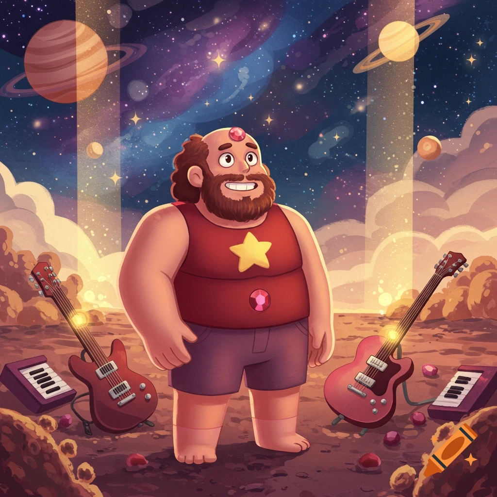 A cartoon man with a beard and red tank top stands on an alien planet with guitars and keyboards under a starry sky with planets.