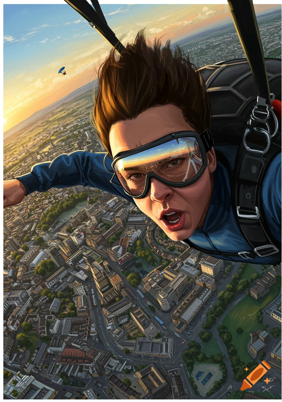 A thrilling illustration of a person skydiving above a sprawling city at sunset, wearing goggles reflecting the horizon.