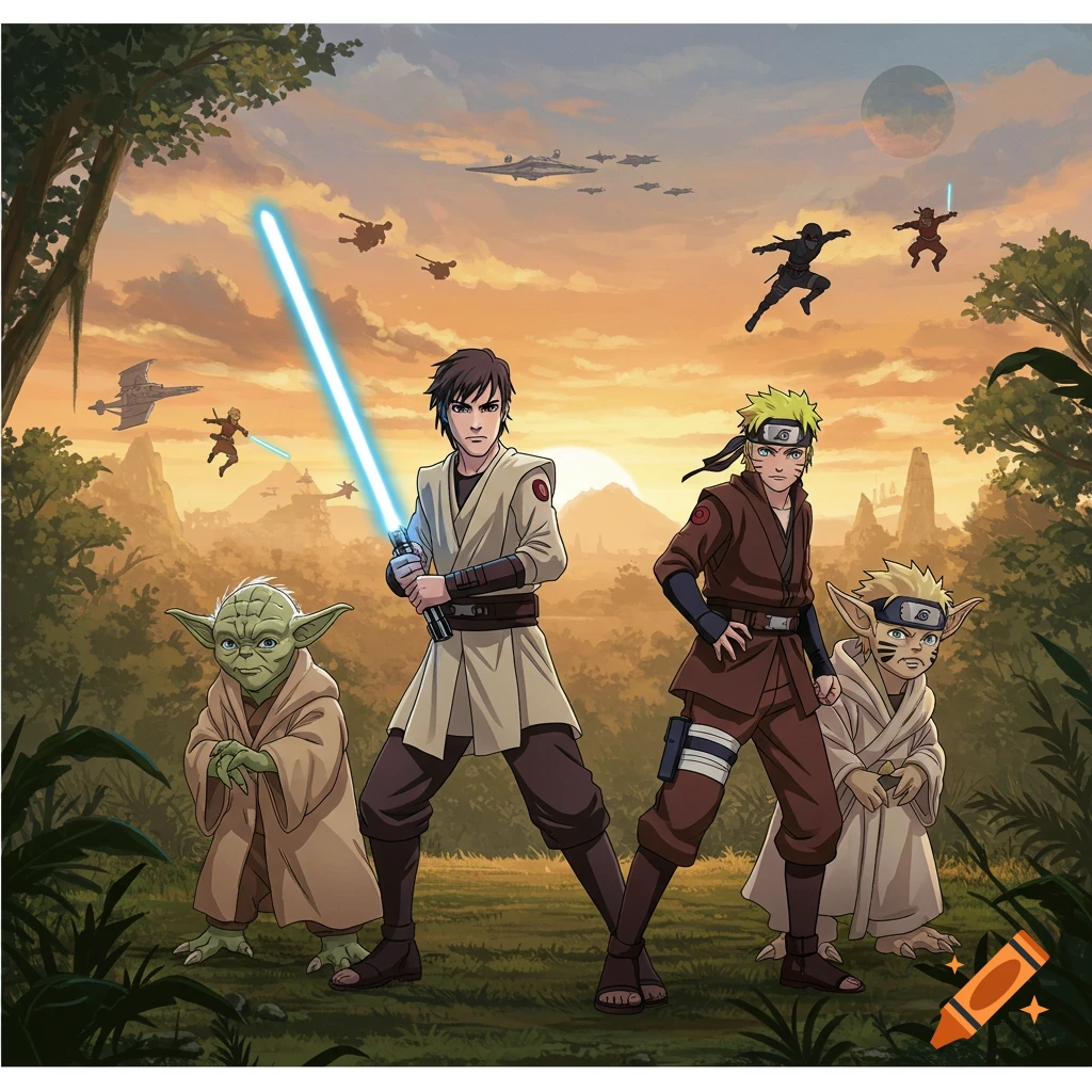 Anime-style Star Wars and Naruto crossover art of Jedi, ninja, and Yoda-like characters in a sunset landscape.