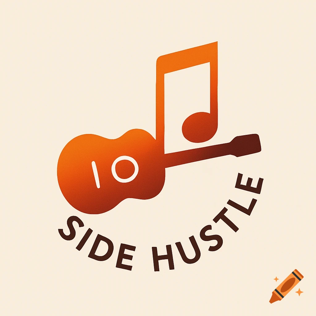 A minimalistic logo with an orange gradient acoustic guitar and a brown music note, above the curved brown text 'SIDE HUSTLE' on a light beige background.