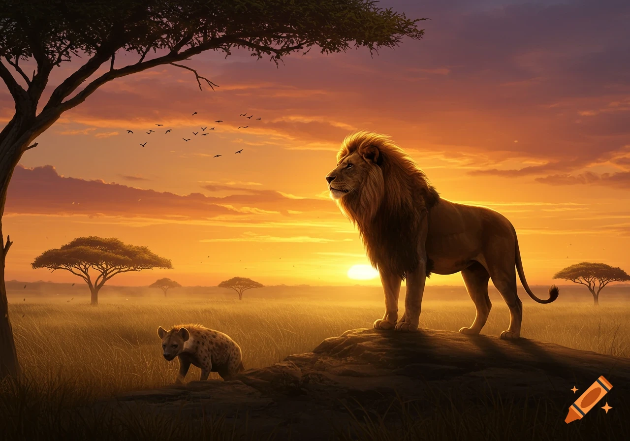 A majestic lion stands on a rock overlooking a hyena in a golden savanna at sunset, with acacia trees and birds.