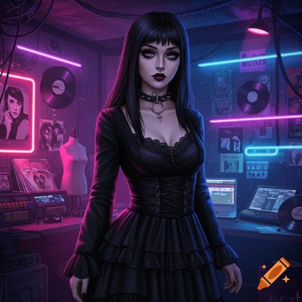 A digital art portrait of a goth e-girl in a black dress, standing in a neon-lit room with records and monitors.