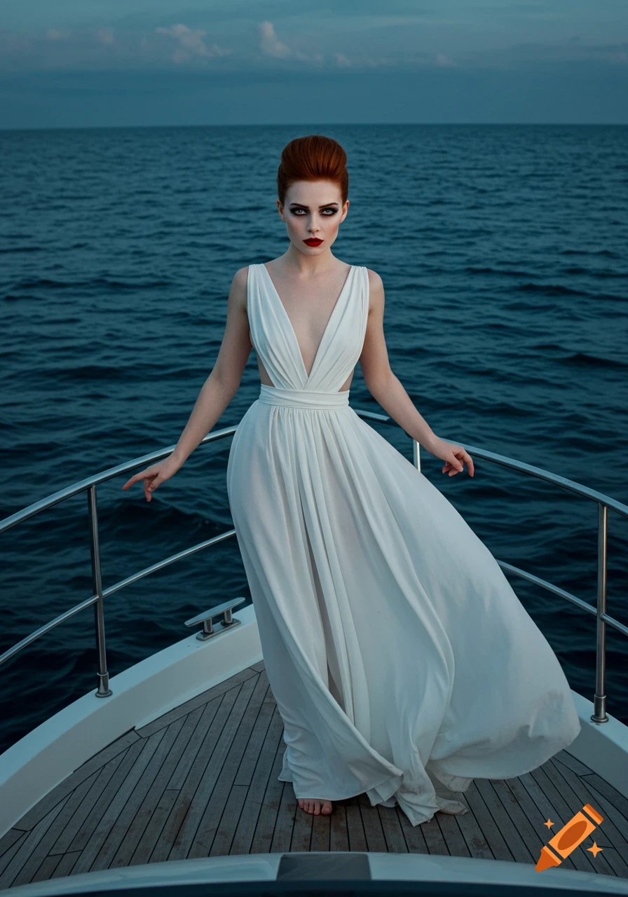A woman with red hair and dramatic makeup in a white dress stands on a yacht deck with the ocean in the background, photorealistic style.