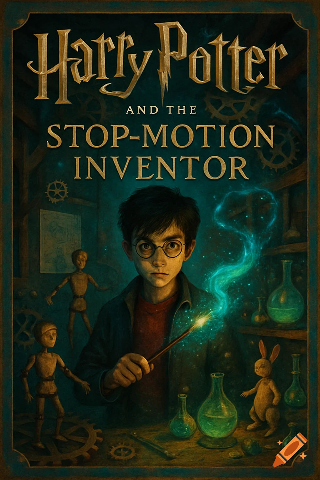 A book cover for 'Harry Potter and the Stop-Motion Inventor' featuring a young wizard with a glowing wand surrounded by stop-motion puppets and inventor's tools.