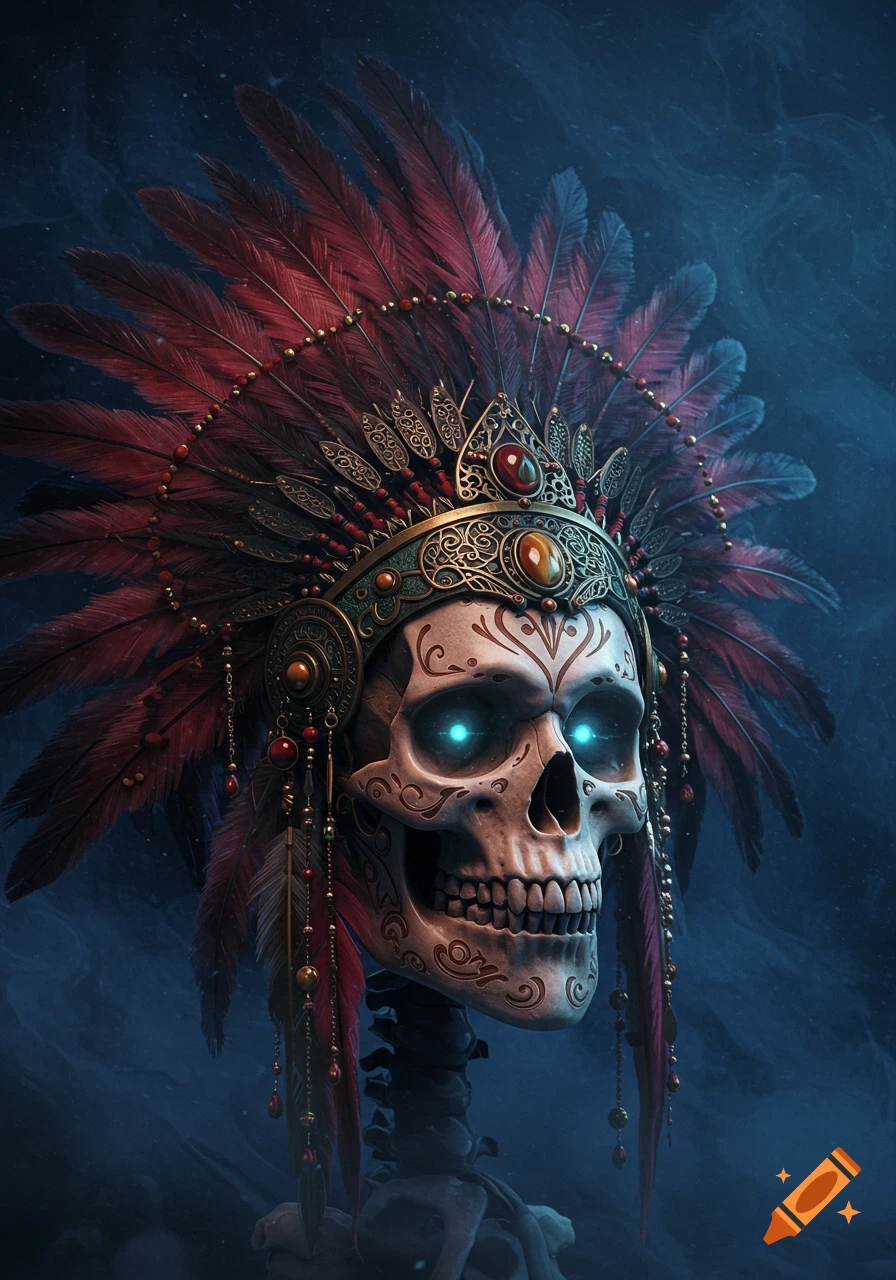 Stylized skull with glowing blue eyes wearing an elaborate red feather headdress and ornate golden crown, against a smoky dark blue background.