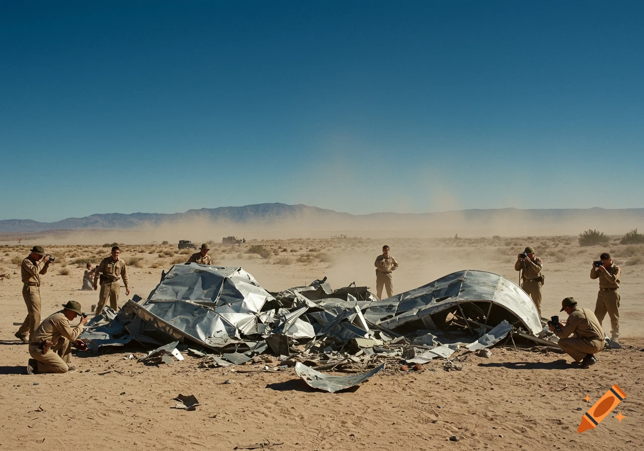 Photorealistic image of military personnel investigating a crashed metallic object in a vast, dusty desert under a clear sky.