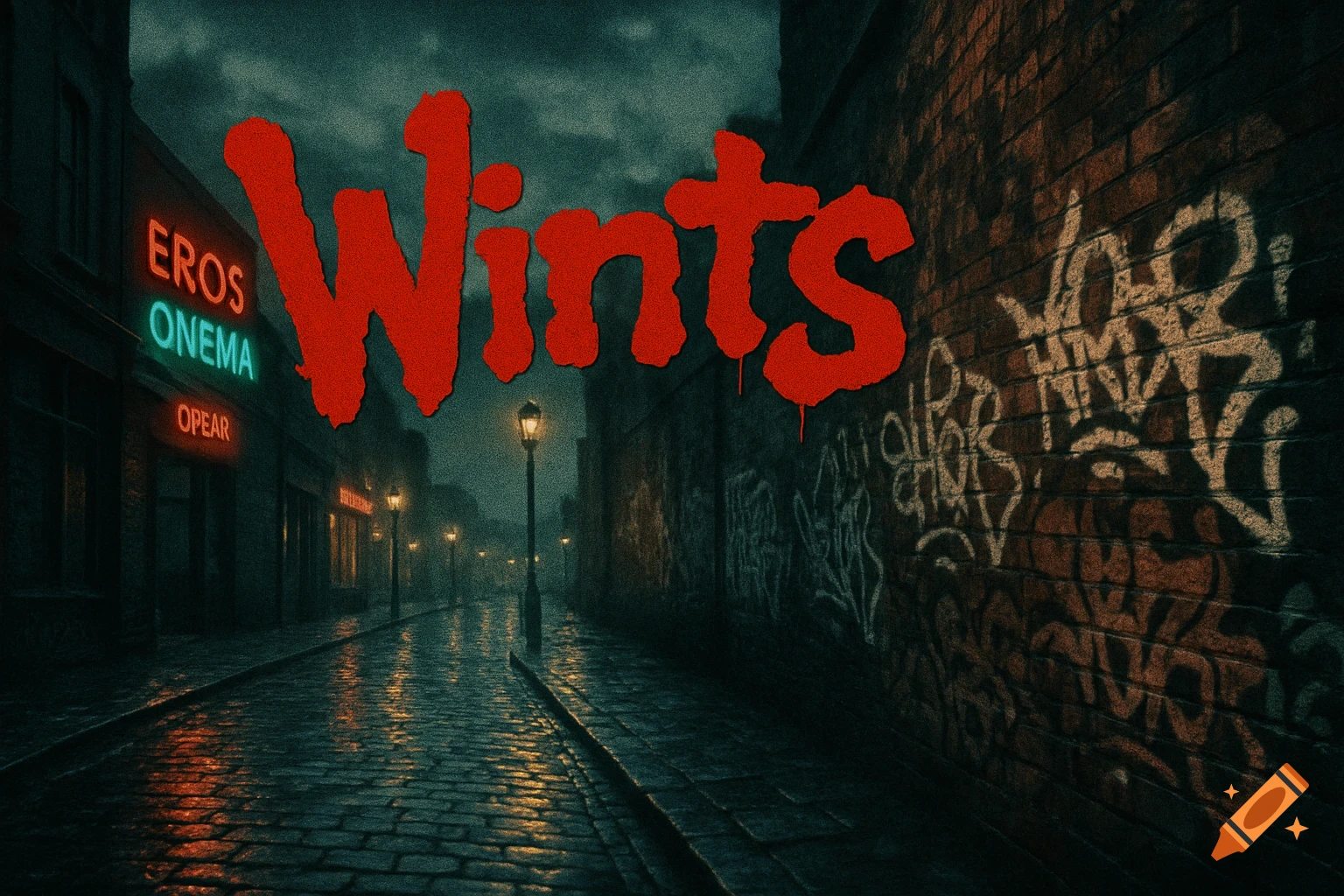A dark, gritty street scene at night with wet cobblestone, lit by streetlights and neon signs. The word "Wints" is emblazoned in large red, textured letters across the top. Graffiti covers a brick wall on the right.