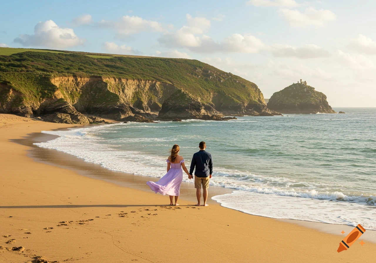A couple holding hands walks along a sandy beach towards the ocean, with cliffs and a rocky island in the background.