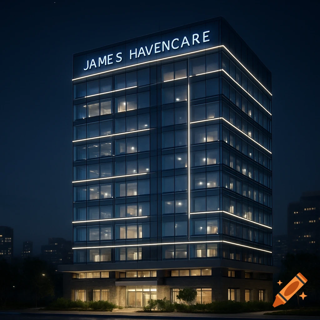 A modern high-rise building with a glass facade and glowing lights at night, featuring a prominent 'JAMES HAVENCARE' sign.