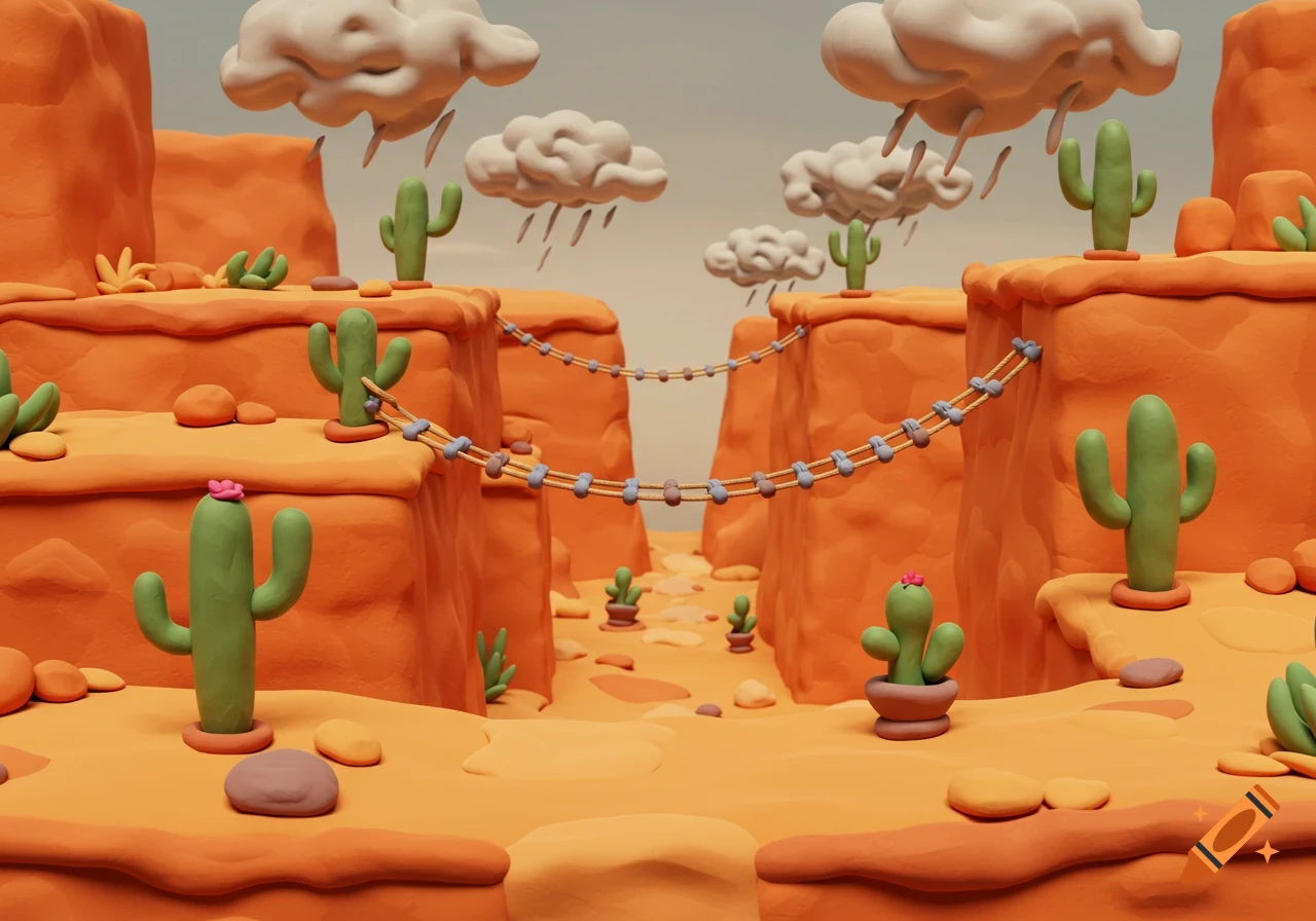 A colorful claymation desert scene with orange canyons, green cacti, and string bridges under a cloudy sky.