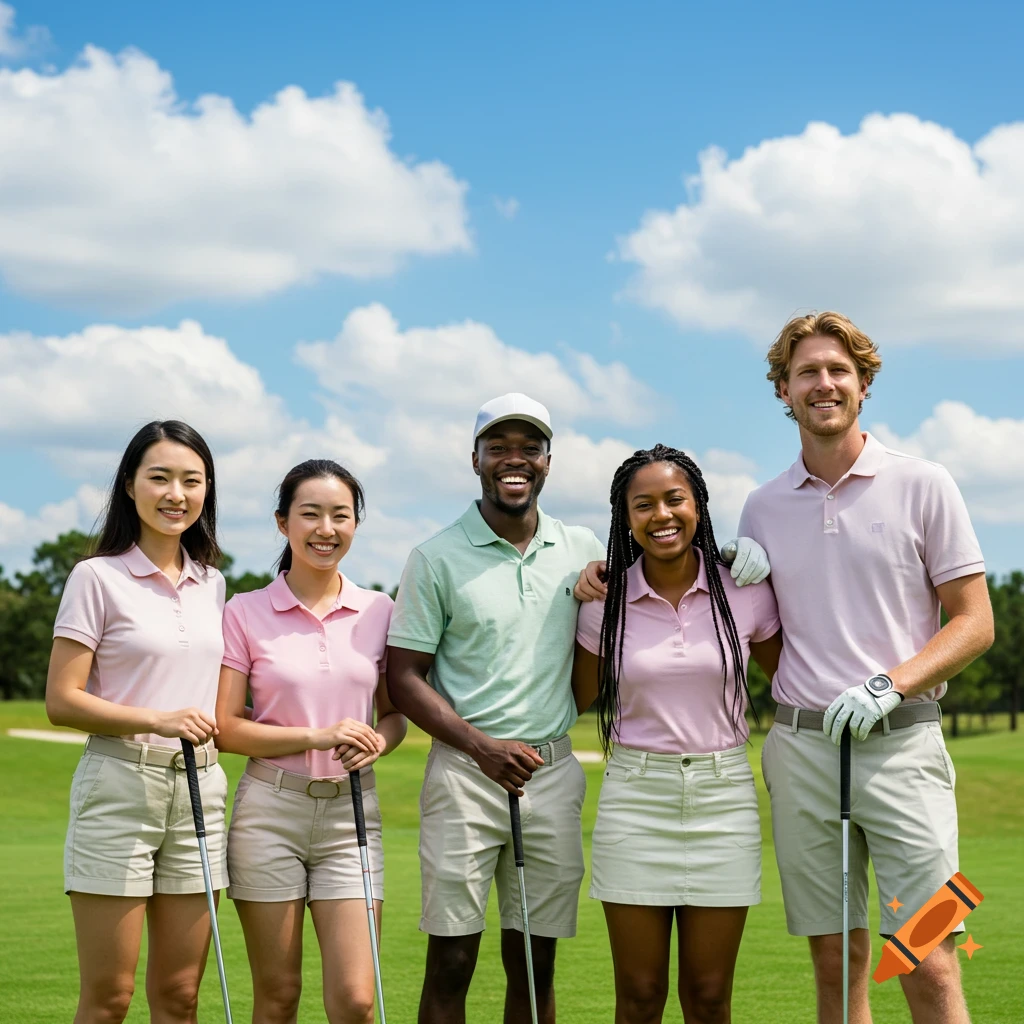 Five smiling young adults in polo shirts and shorts/skirts stand on a sunny golf course, holding golf clubs.