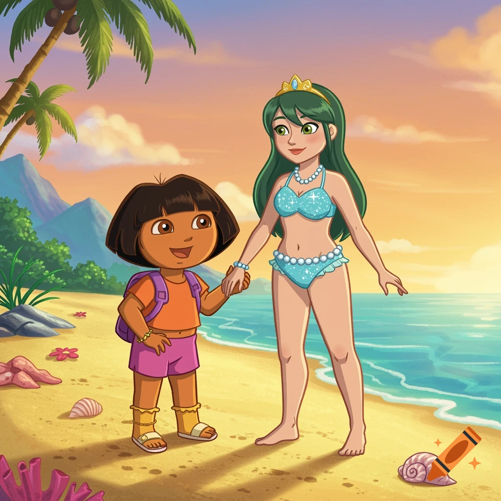 Cartoon illustration of Dora the Explorer and a woman in a bikini holding hands on a tropical beach.