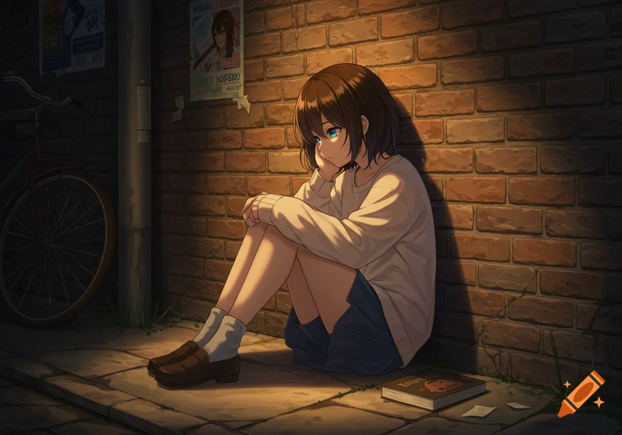 An anime girl with brown hair and blue eyes sits against a brick wall in a dimly lit urban setting, a book beside her.