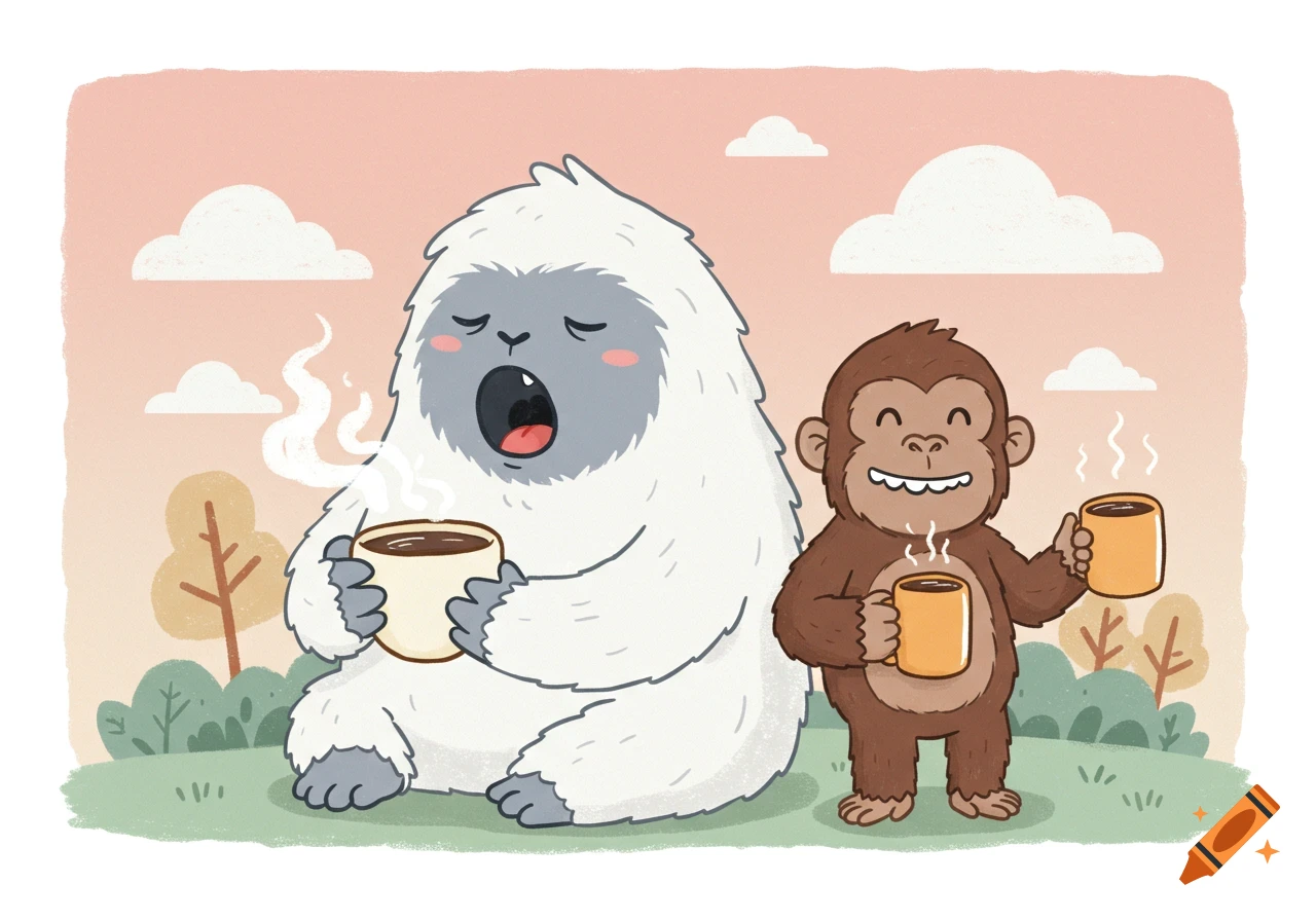 A sleepy cartoon Yeti yawns while holding a hot coffee cup, sitting beside a smiling cartoon ape with two coffee mugs in a simple outdoor scene.
