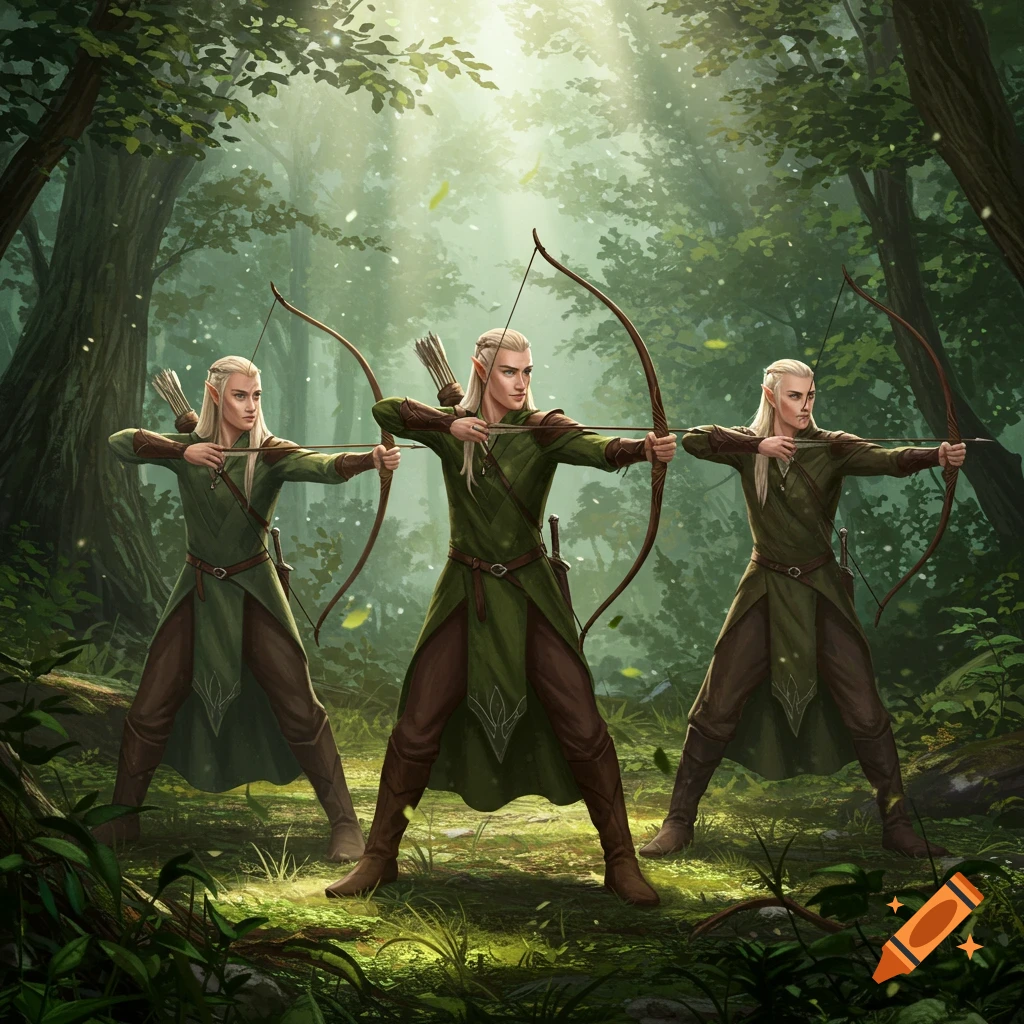 Three male elves with bows in green tunics stand ready in a sunlit forest.
