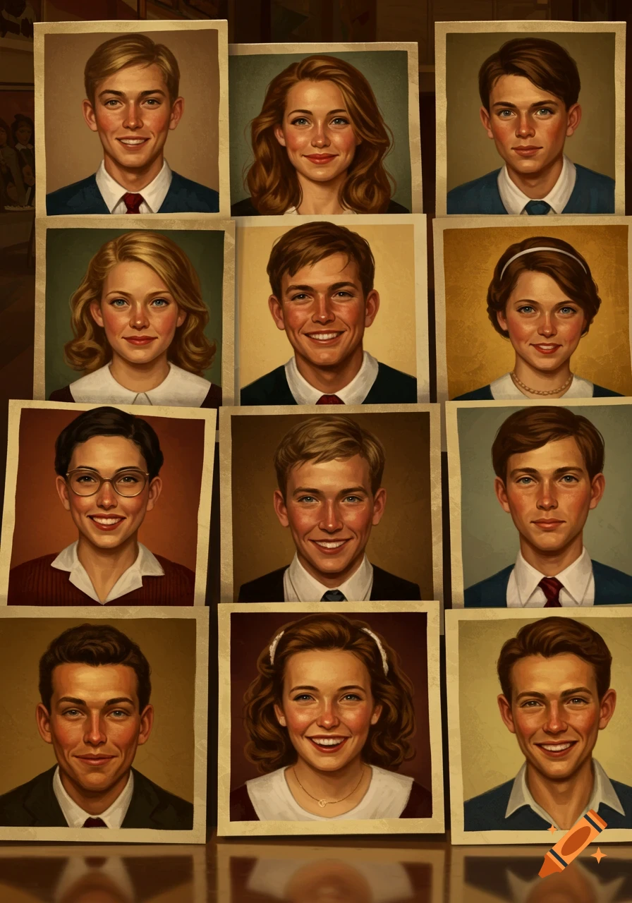 Grid of vintage-style portrait photos of smiling young men and women, resembling a high school yearbook.