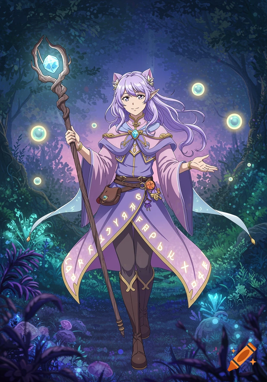 An anime character, a purple-haired mage with cat ears and elf ears, stands in an enchanted forest holding a staff with a glowing crystal, with one hand outstretched.