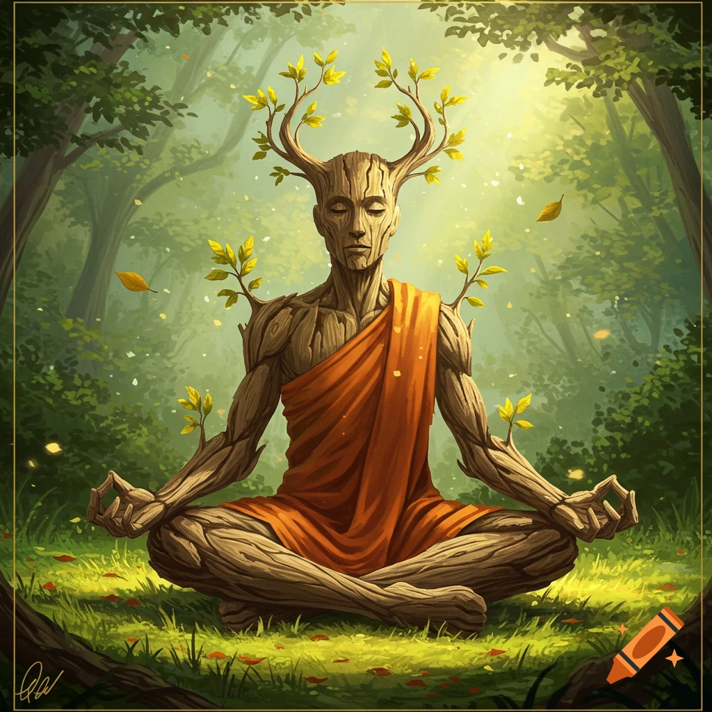 A painterly image of a tree-man in a monk's robe meditating cross-legged in a sunlit forest.