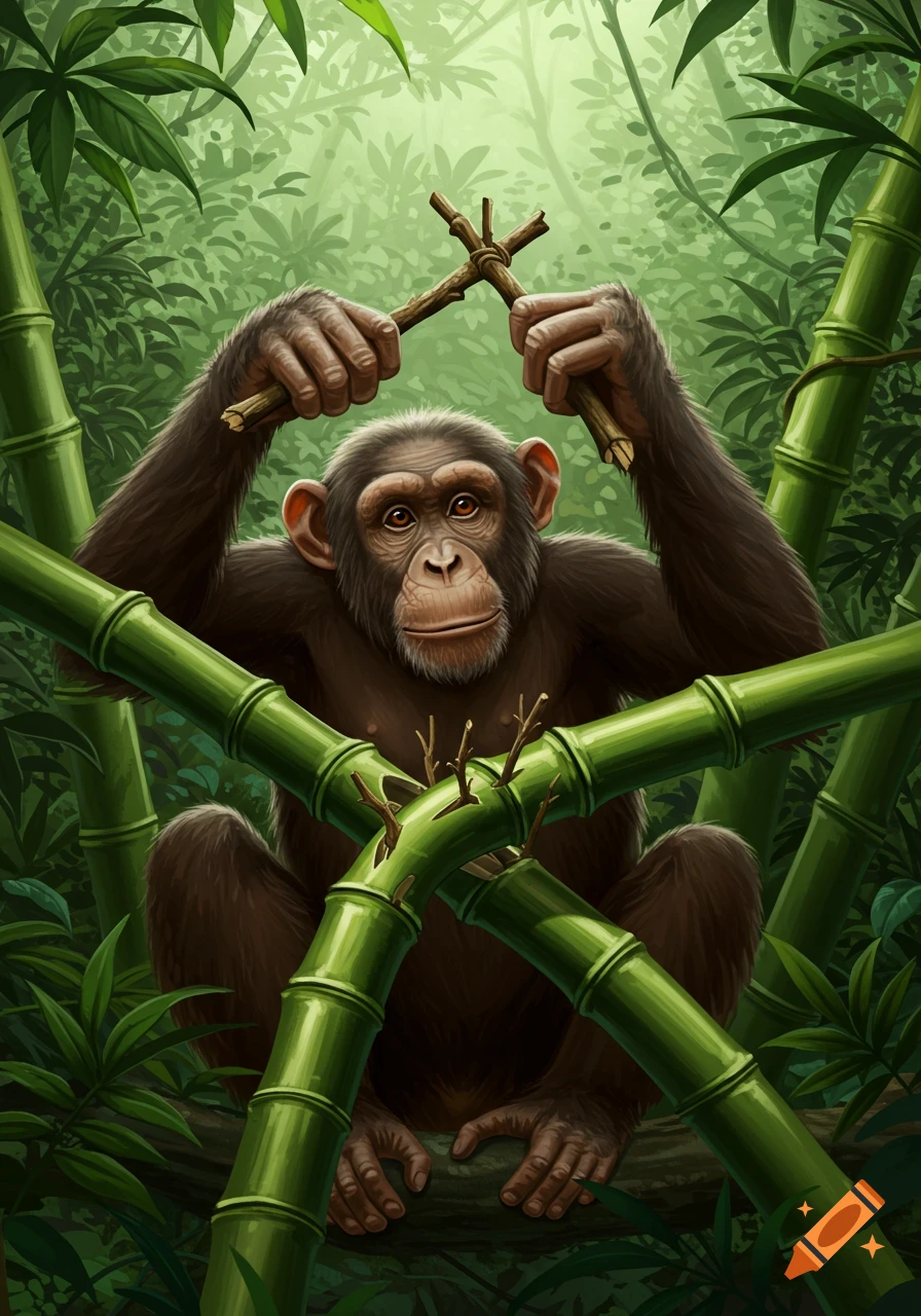 A chimpanzee holds two sticks, one broken, surrounded by green bamboo stalks and jungle leaves.