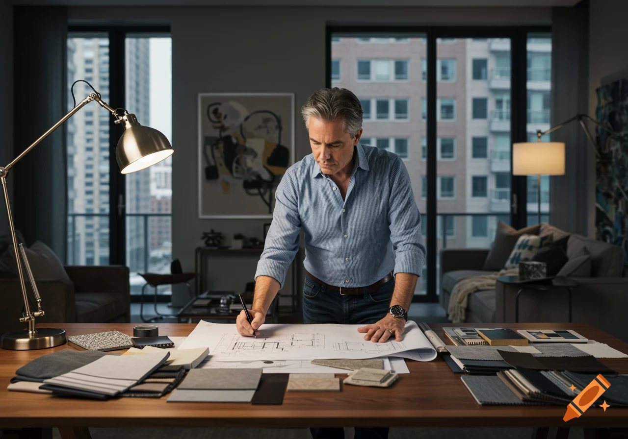A photorealistic image of a man, likely an architect or interior designer, drawing on blueprints at a desk filled with material samples and design tools.