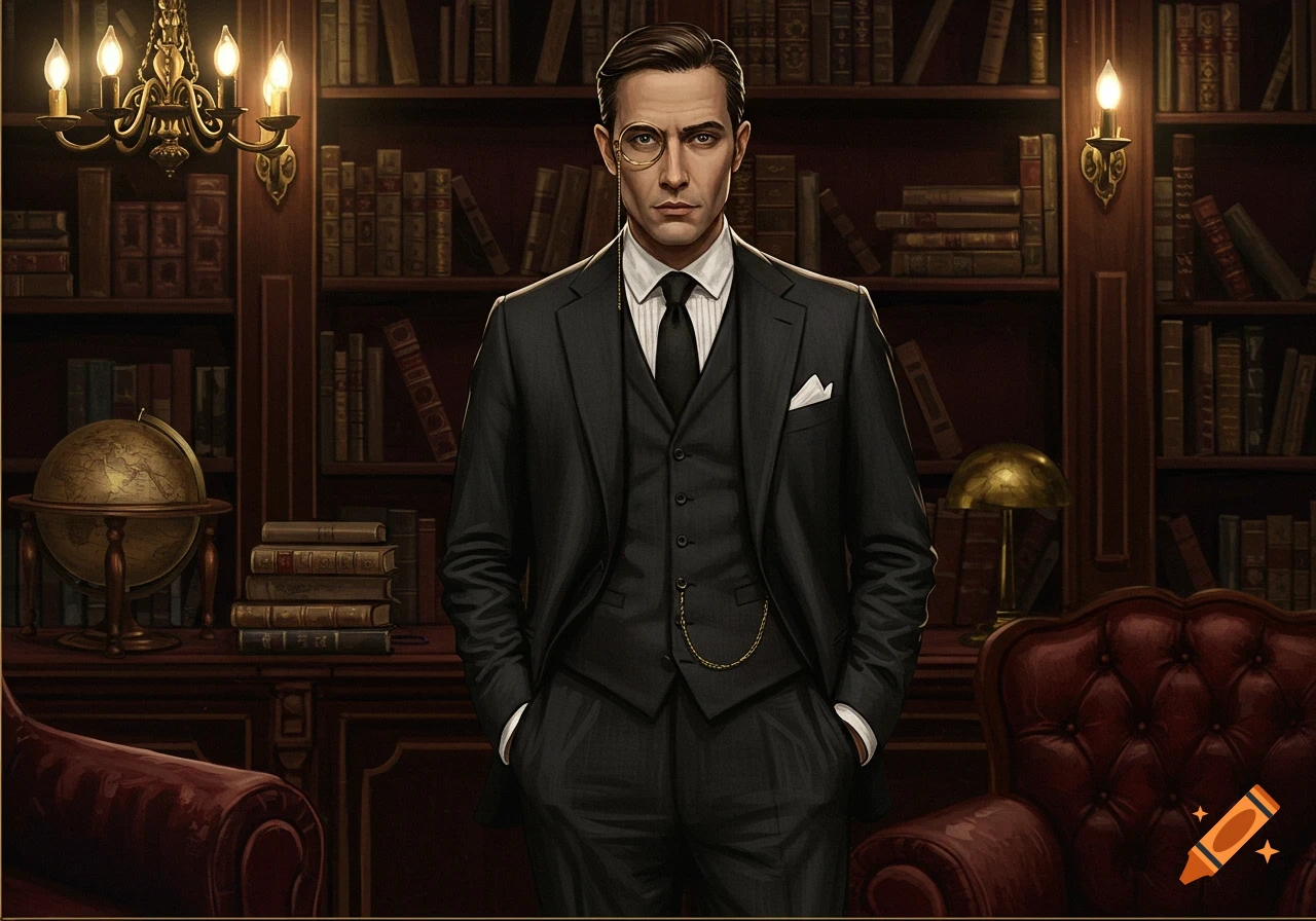 A distinguished man in a dark suit, tie, and monocle stands in a warmly lit library with bookshelves and antique furniture.