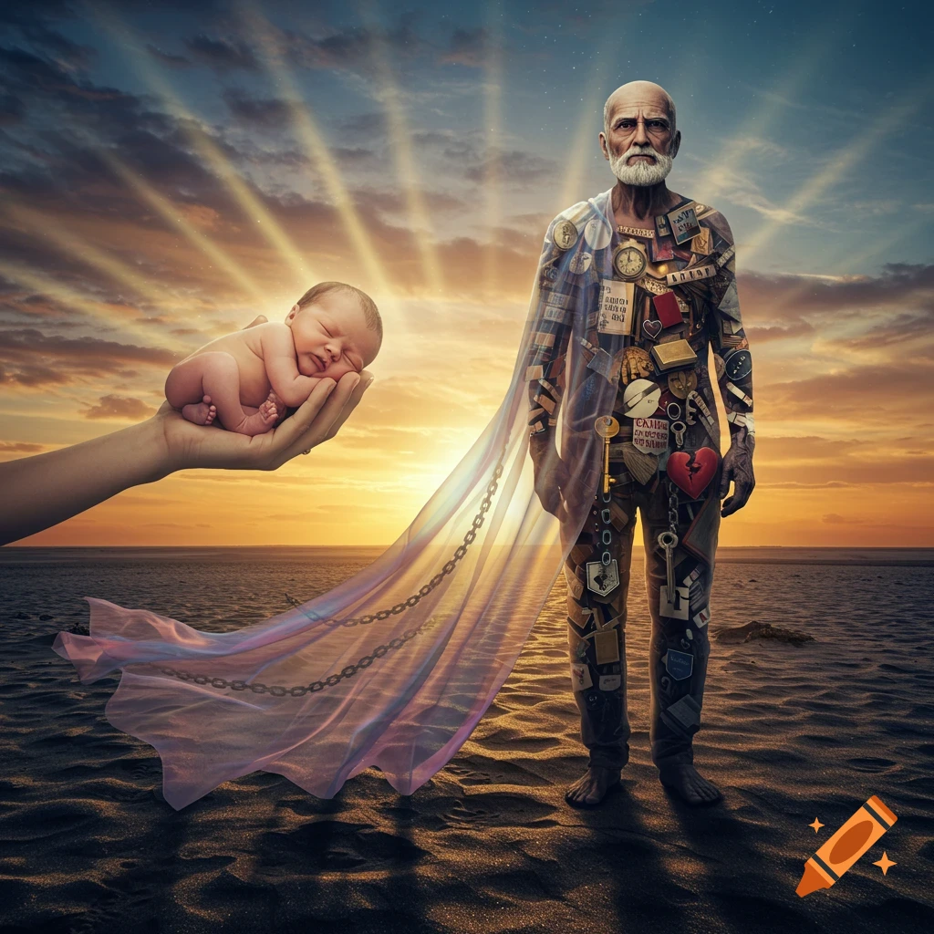 A newborn baby rests in a hand on the left, connected by a flowing, chained cloth to an old man covered in symbols and text patches on the right, under a dramatic sunset.