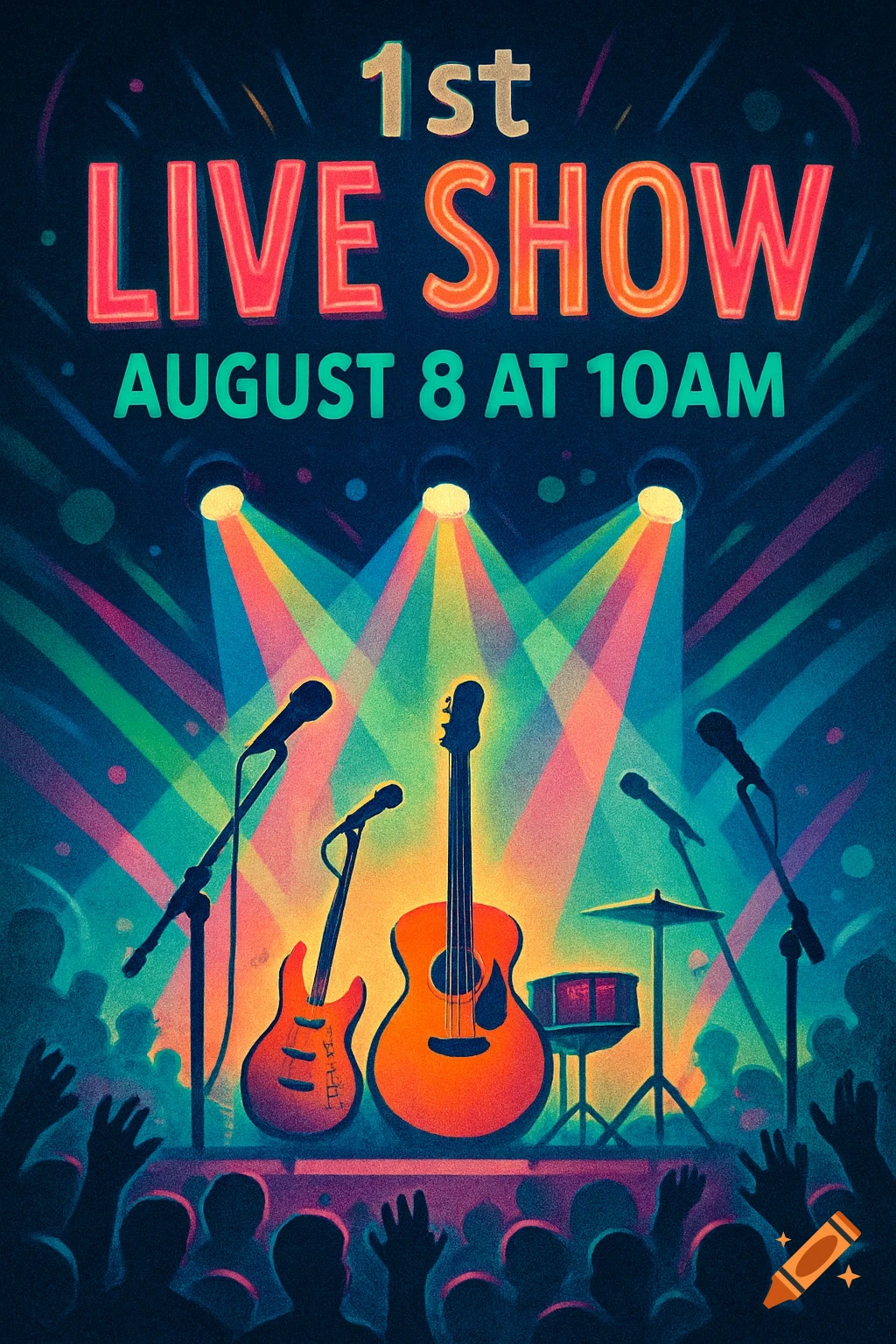 Stylized poster for a live show featuring guitars, drums, microphones, and colorful stage lights with text '1st Live Show August 8 at 10 AM'.