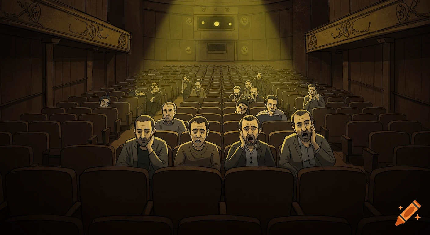 Cartoon illustration of a dimly lit theater with a few bored, slouched, and yawning audience members in the back rows.
