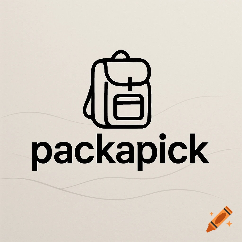 Minimalist black backpack logo with 'packapick' text on a light beige background.