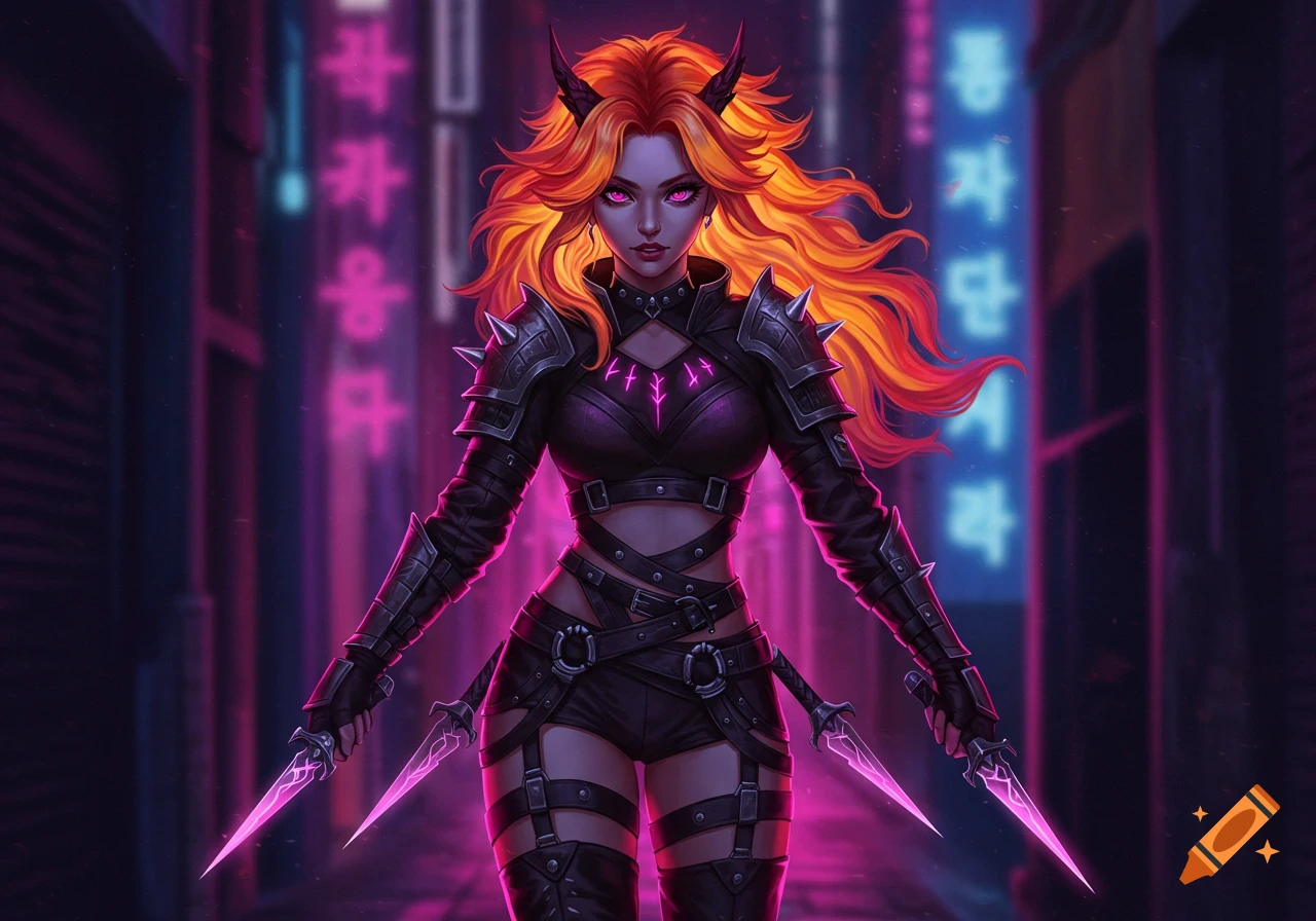A K-pop-inspired demon hunter girl with orange hair and horns, in a dark armored outfit, holding glowing pink daggers in a neon-lit alley. Digital art.