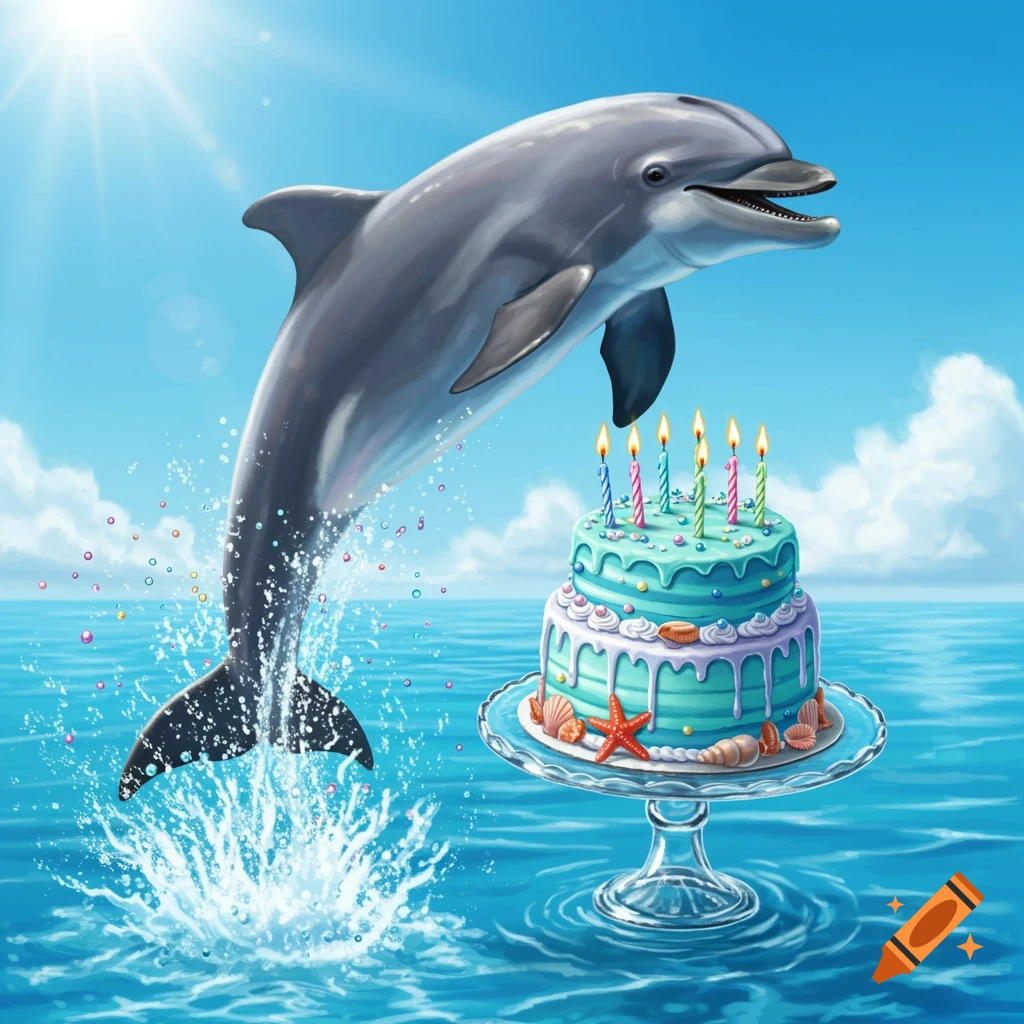 A dolphin leaps from blue ocean water beside a two-tier birthday cake with lit candles under a sunny sky.