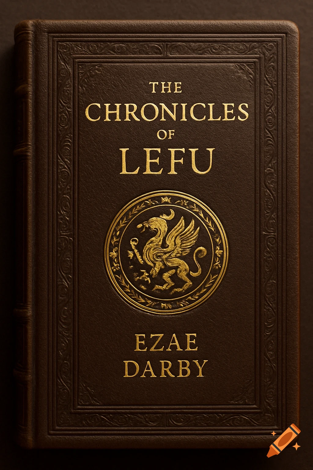 A brown leather-bound book cover with gold embossed text reading 'The Chronicles of Lefu' by Ezae Darby, featuring a central griffin emblem.