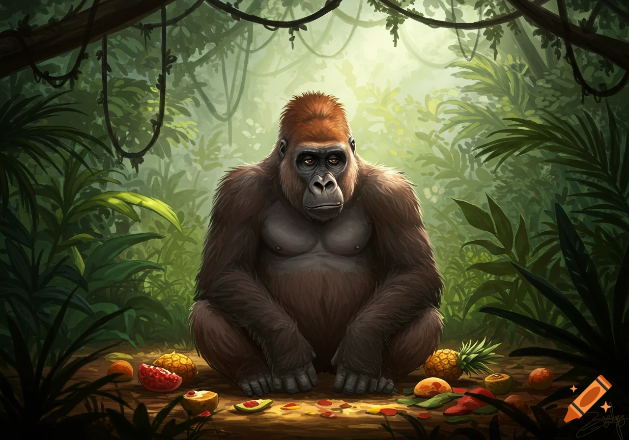 An illustrative drawing of a gorilla sitting in a lush jungle surrounded by various fruits.