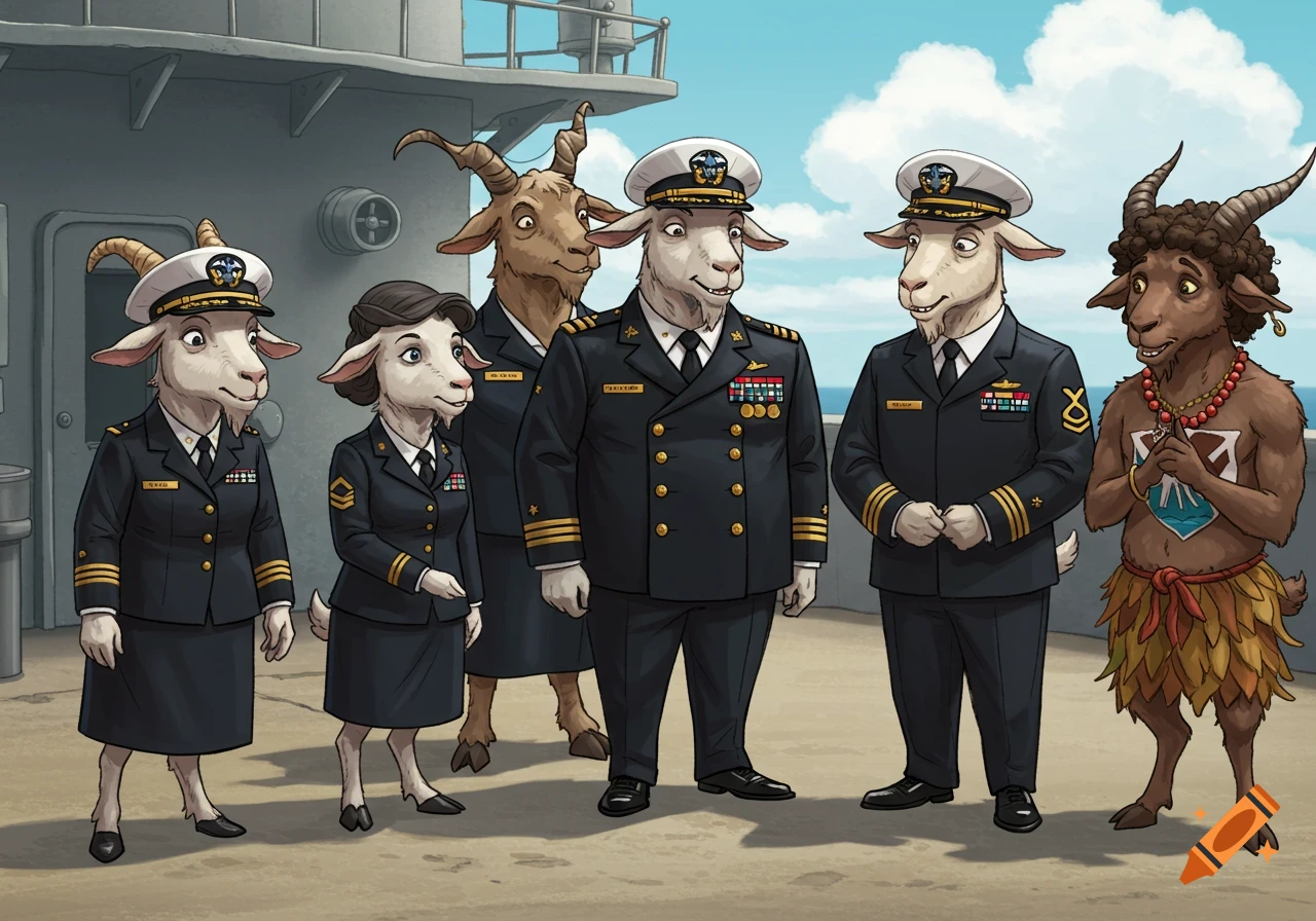 Humorous cartoon of six anthropomorphic goats dressed as U.S. Navy Chiefs, with one Satyr-like goat, on a Navy ship.
