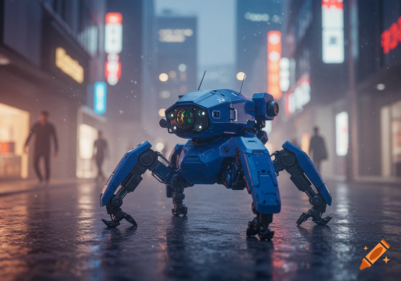 A blue, multi-legged robot, resembling a Tachikoma, stands on a wet city street at night, with blurry neon signs and figures in the background.