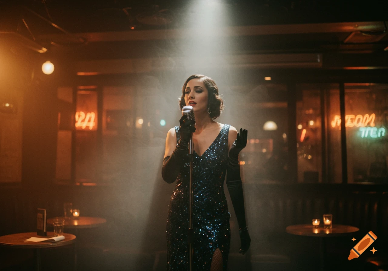 A woman in a sparkly blue gown and long black gloves sings into a vintage microphone on a smoky stage in a dimly lit nightclub.