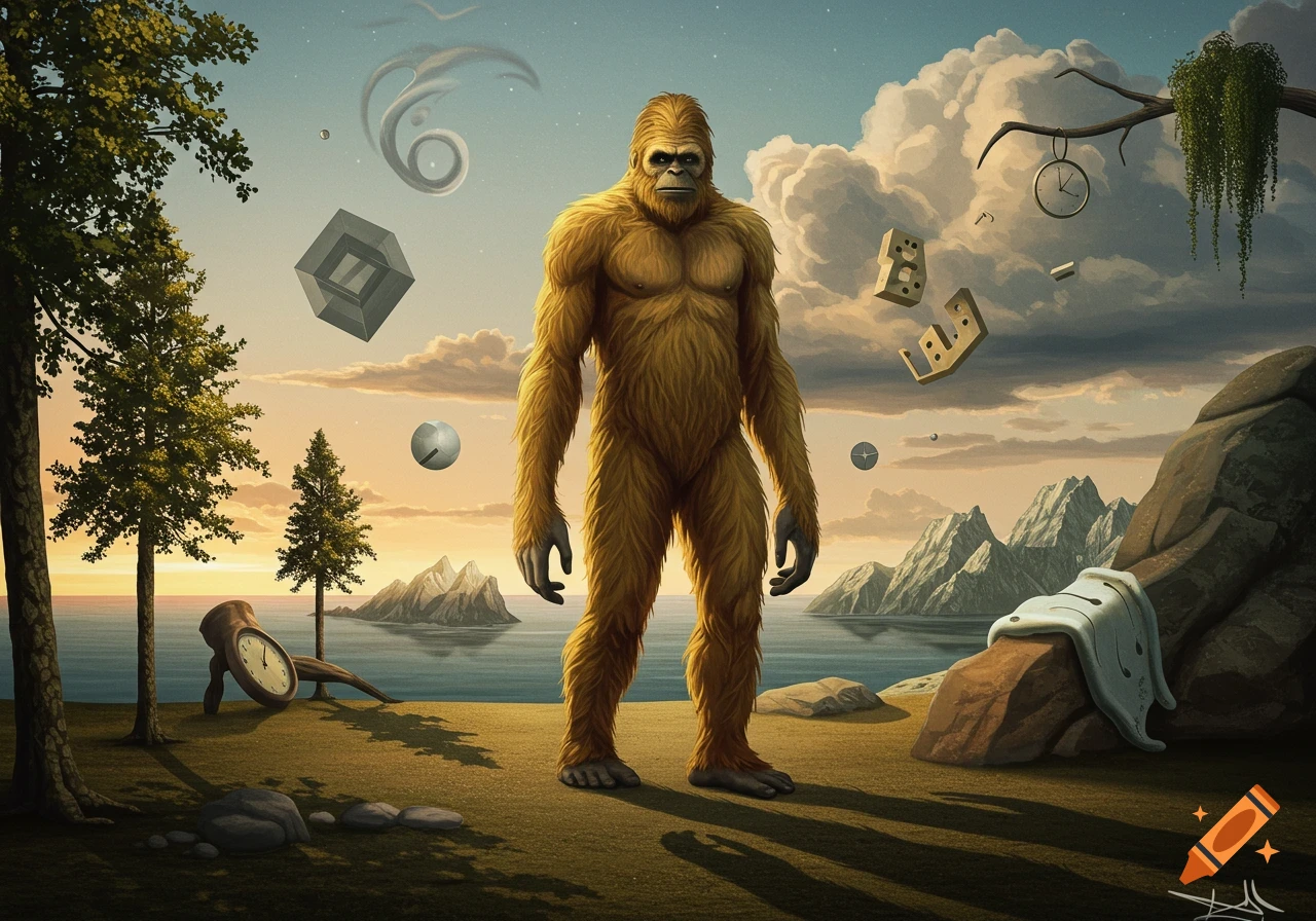 A golden-furred Sasquatch stands in a surreal landscape with floating geometric shapes, melting clocks, and distant mountains under an orange sky.