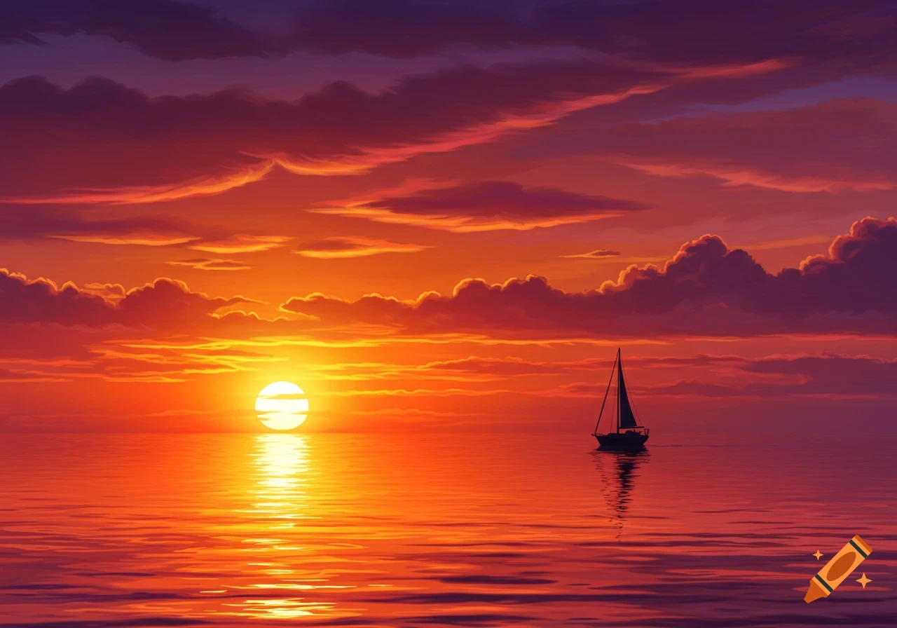 A vibrant red and orange sunset over a calm ocean, with a silhouette of a sailboat on the horizon.