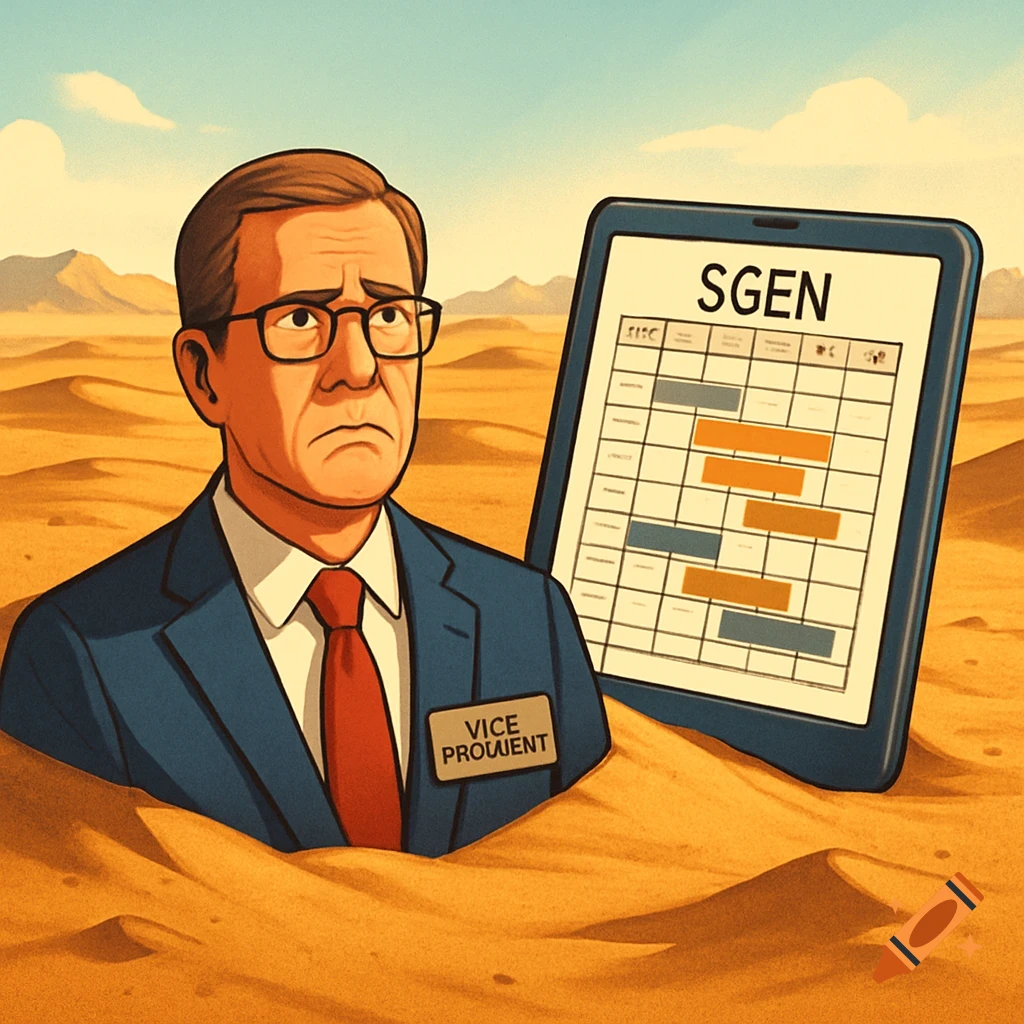 A sad man in a suit, labeled "VICE PROWIENT," is buried in sand next to a tablet showing a schedule titled "SGEN" in a desert setting, in a cartoon style.