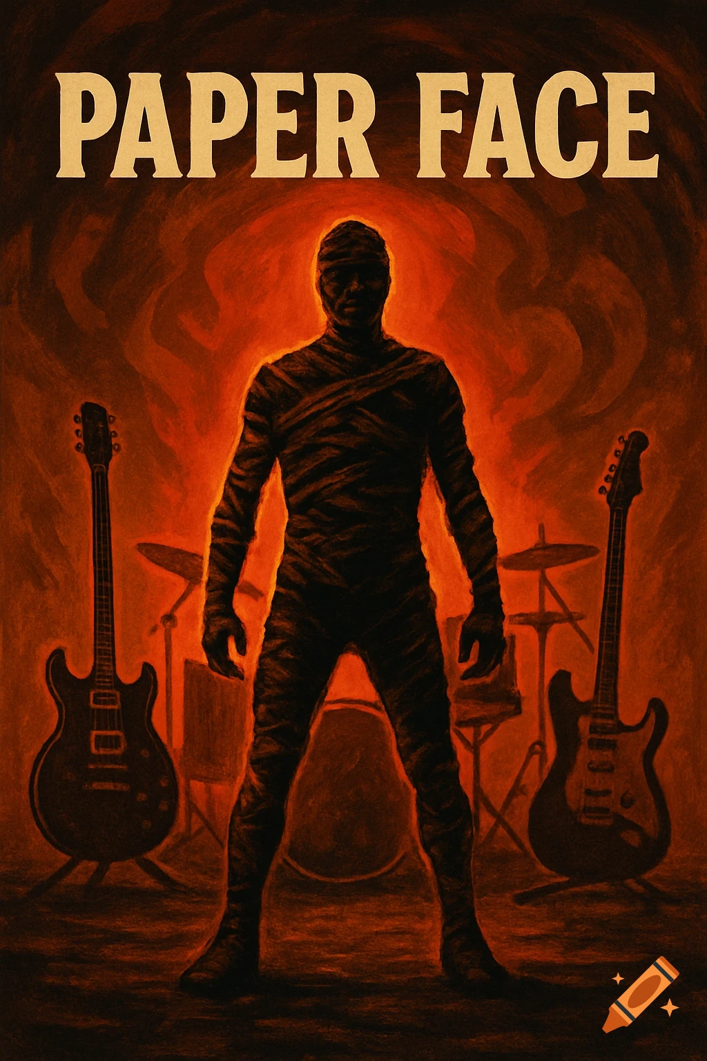 An orange and brown album cover featuring a mummy standing between two guitars, with drums in the background, under the title 'PAPER FACE'.