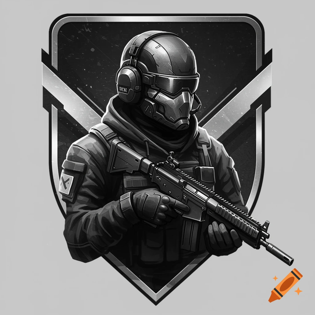 A monochrome icon featuring a tactical operator in a helmet and headphones, holding a rifle, set within a shield shape.