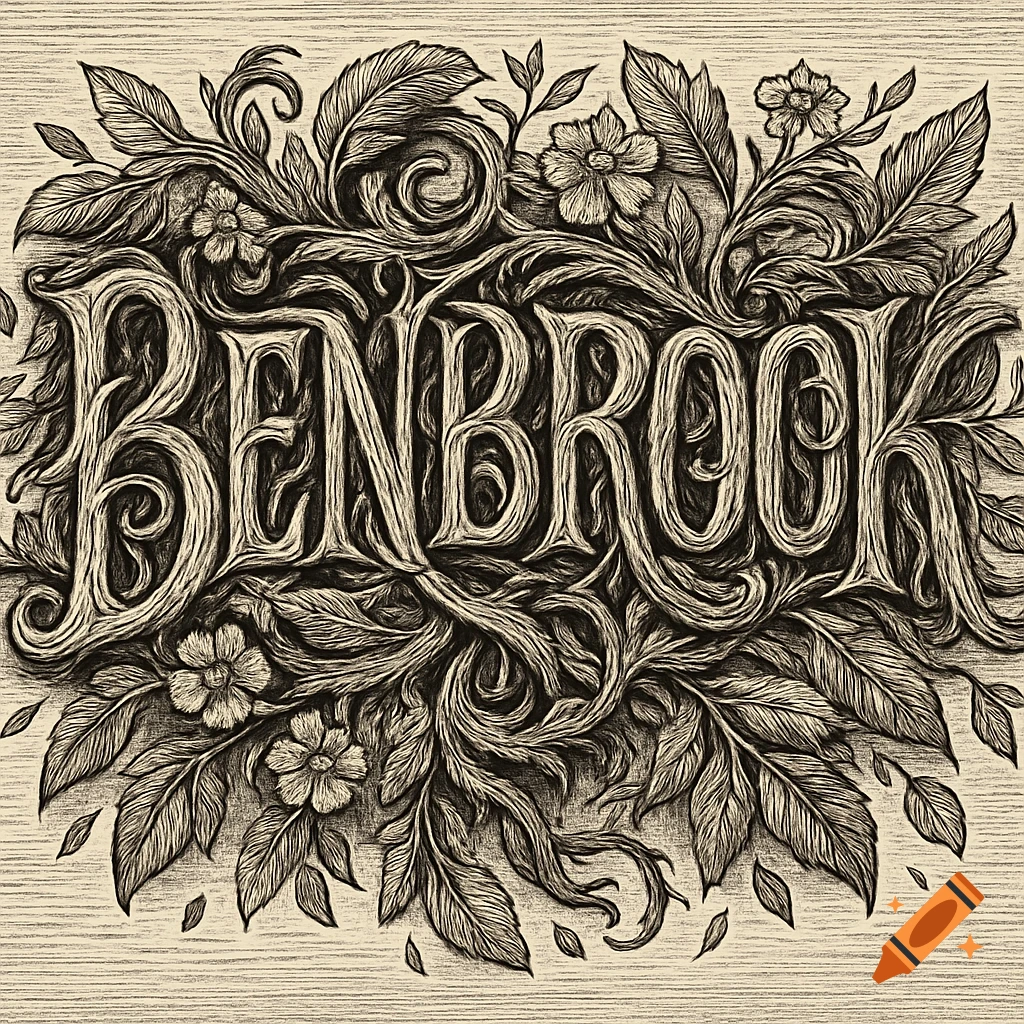 Ornate, monochrome illustration of the word 'BENBROOK' entwined with detailed leaves and flowers.