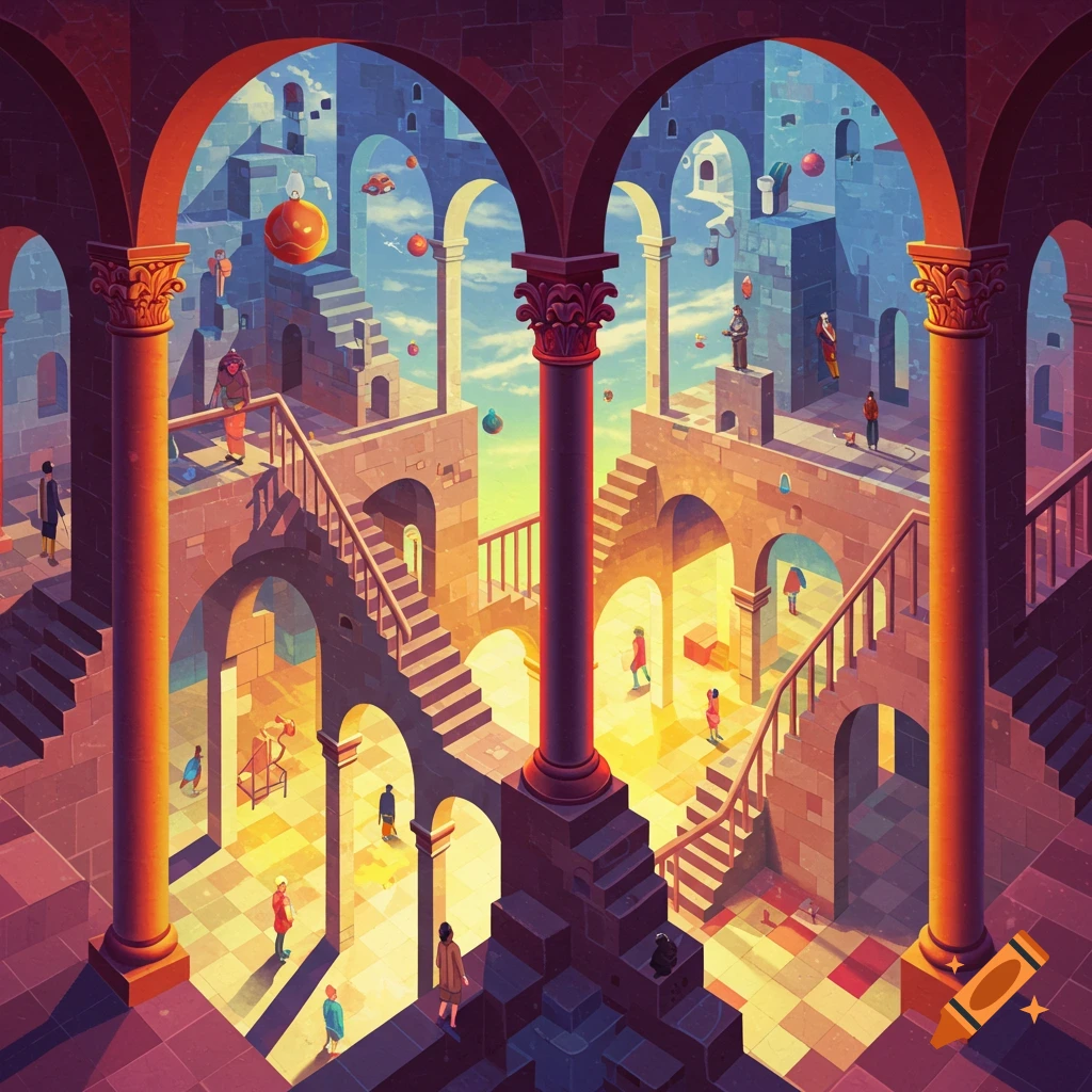 An intricate M.C. Escher-style architectural illusion with stairs, arches, and small figures under a vibrant sky.
