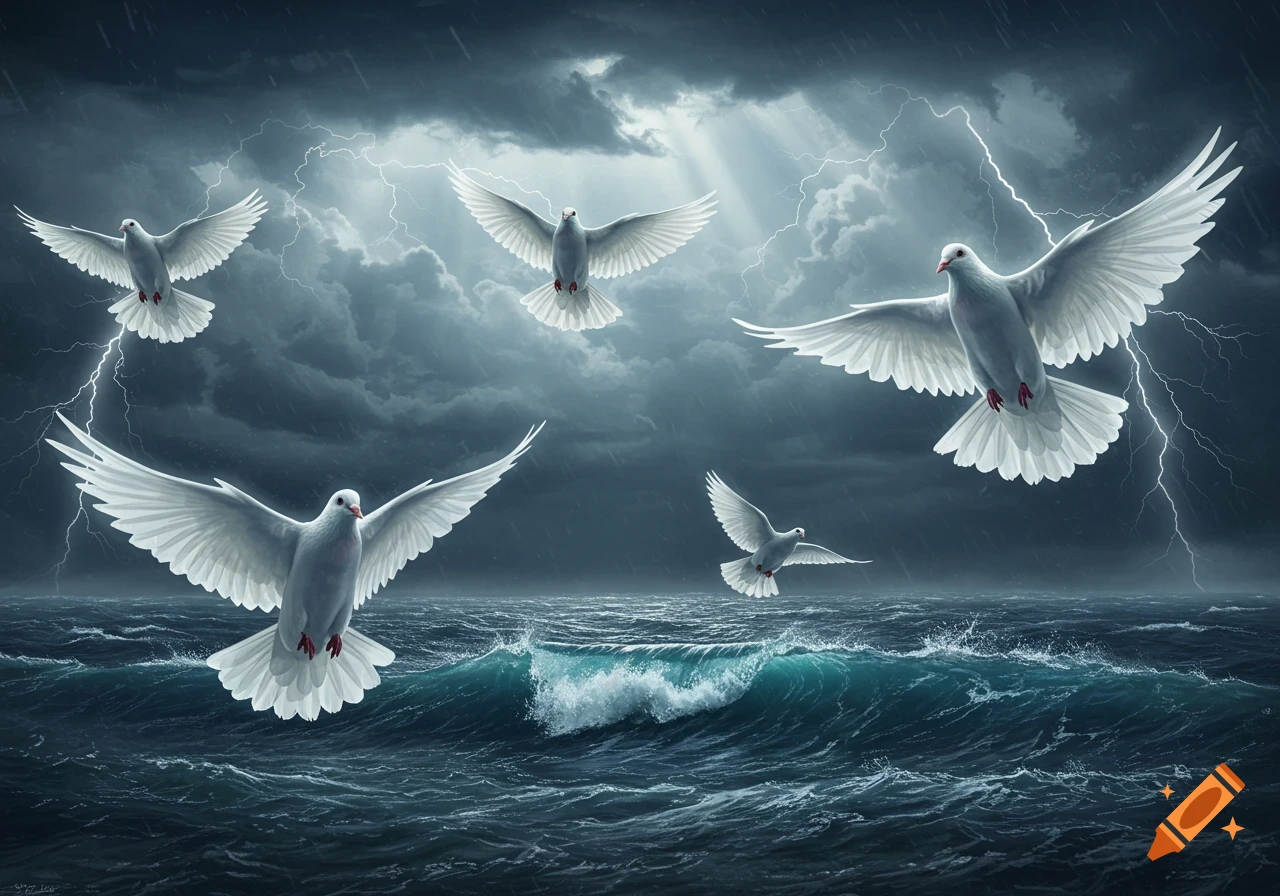 White doves fly over a stormy ocean with lightning and dark clouds.