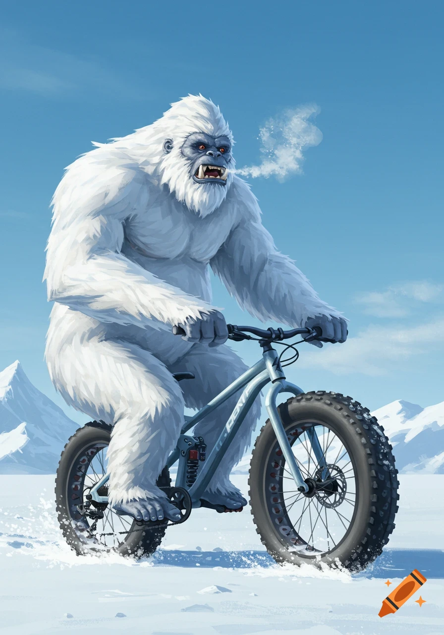 A white furry yeti with red eyes rides a light blue fatbike through a snowy mountain landscape, exhaling a puff of cold breath.